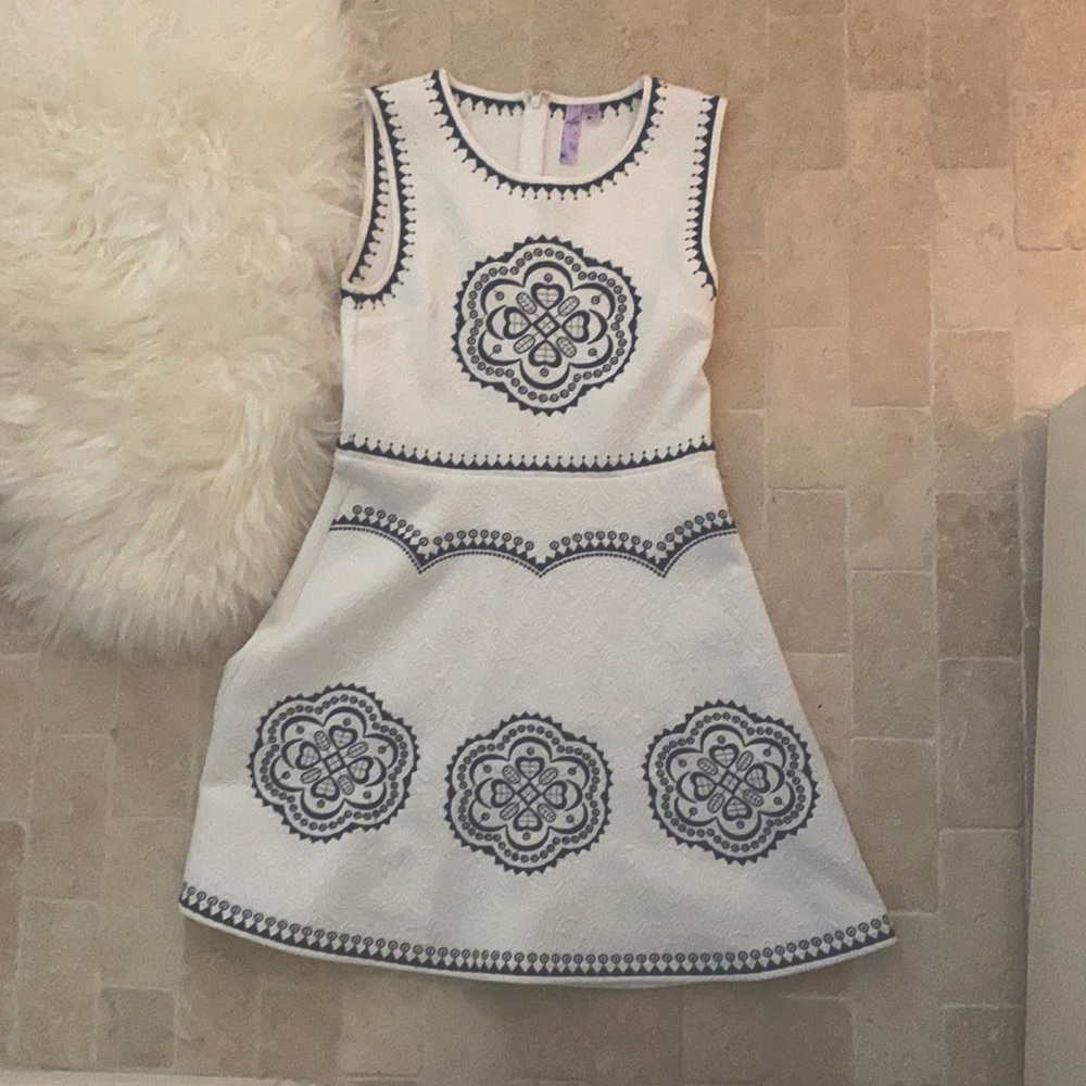 Size small, white with navy embroidery, dress